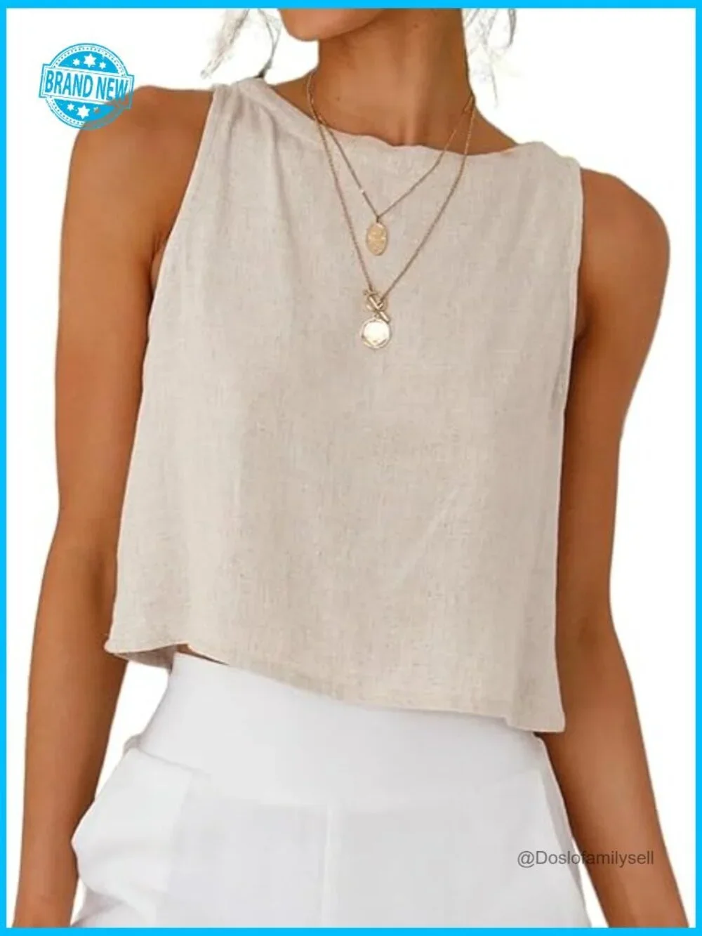 Linen Crop Tank Top Sleeveless High Neck Button Back Summer Beach Top Casual